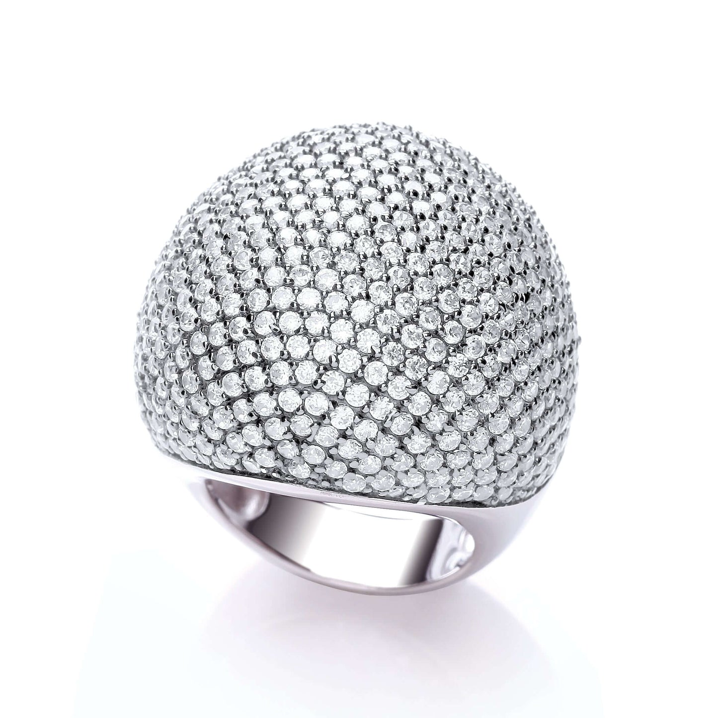 Micro Pave Big Cocktail Ring with 503 dazzling white cubic zirconia stones, large silver statement ring design.