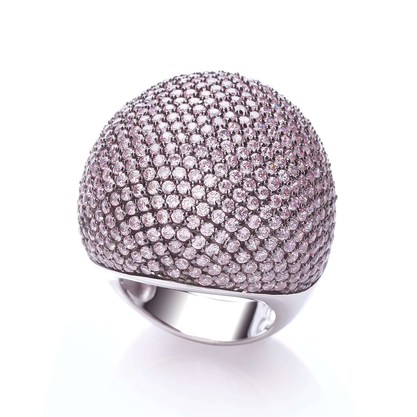Micro Pave Big Cocktail Ring in sterling silver with 503 pink cubic zirconia stones, showcasing luxury and elegance.