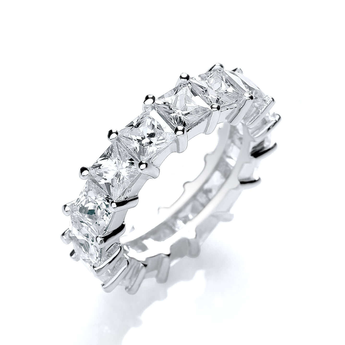 Princess Cut Eternity Ring in silver with cubic zirconia stones, showcasing elegant princess cut design.