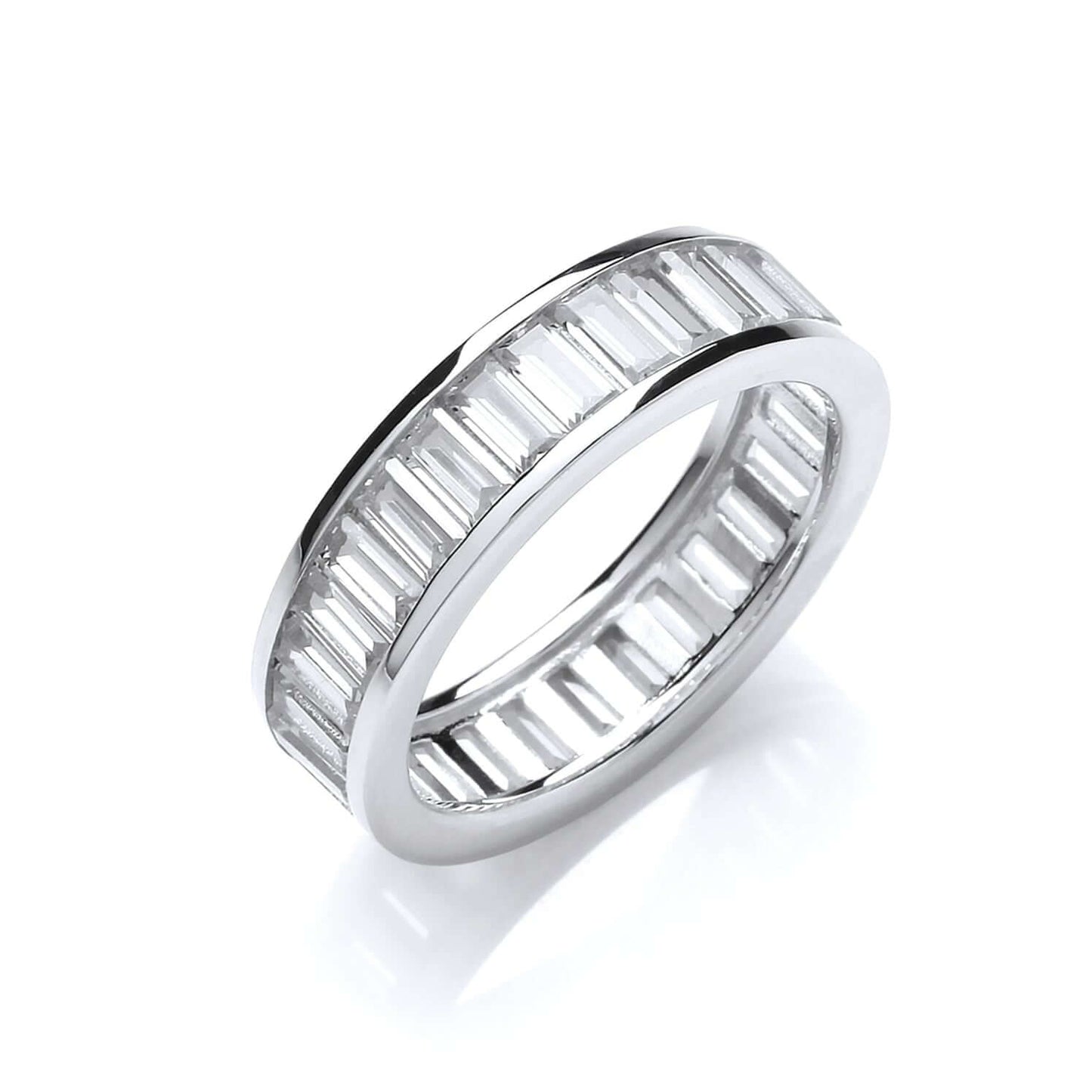 Silver CZ Eternity Ring with sterling silver setting and baguette cubic zirconia stones, perfect for elegant jewelry collections.