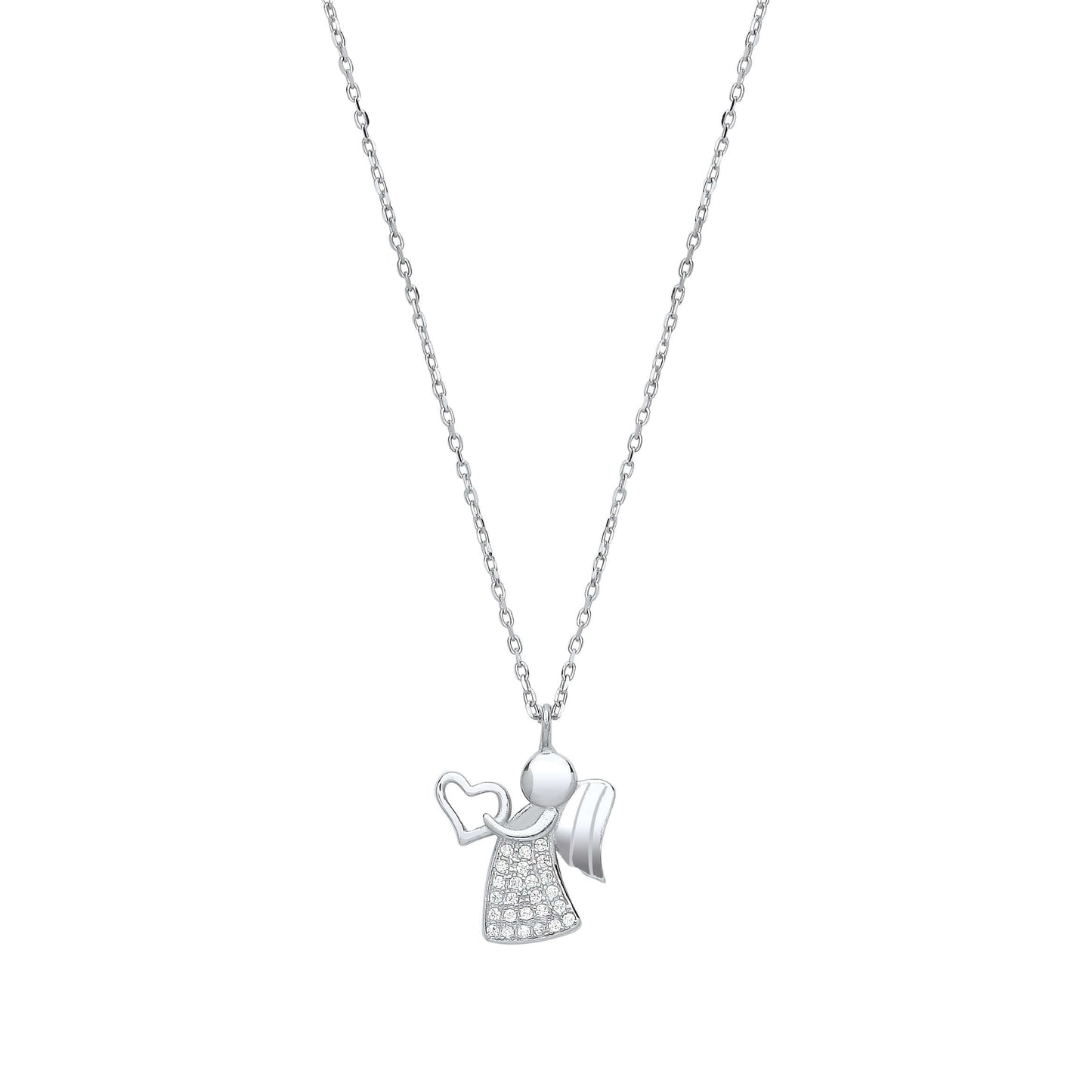 Silver Angel with Heart Pendant Necklace featuring cubic zirconia stones on 16 inch silver chain.