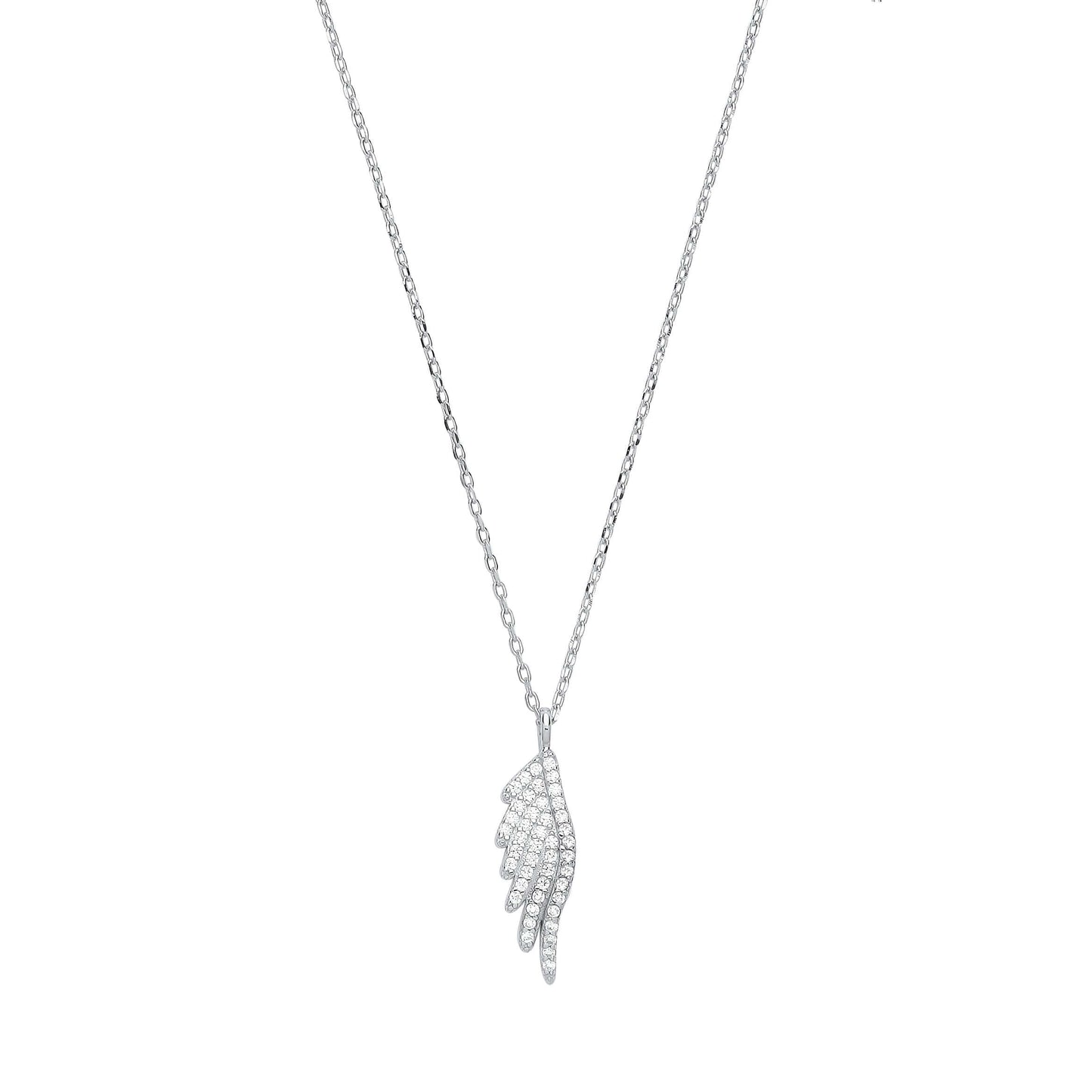 Silver Angel Wing Necklace with cubic zirconia stones on a silver chain, featuring a 6.5 x 20.0mm angel wing pendant.