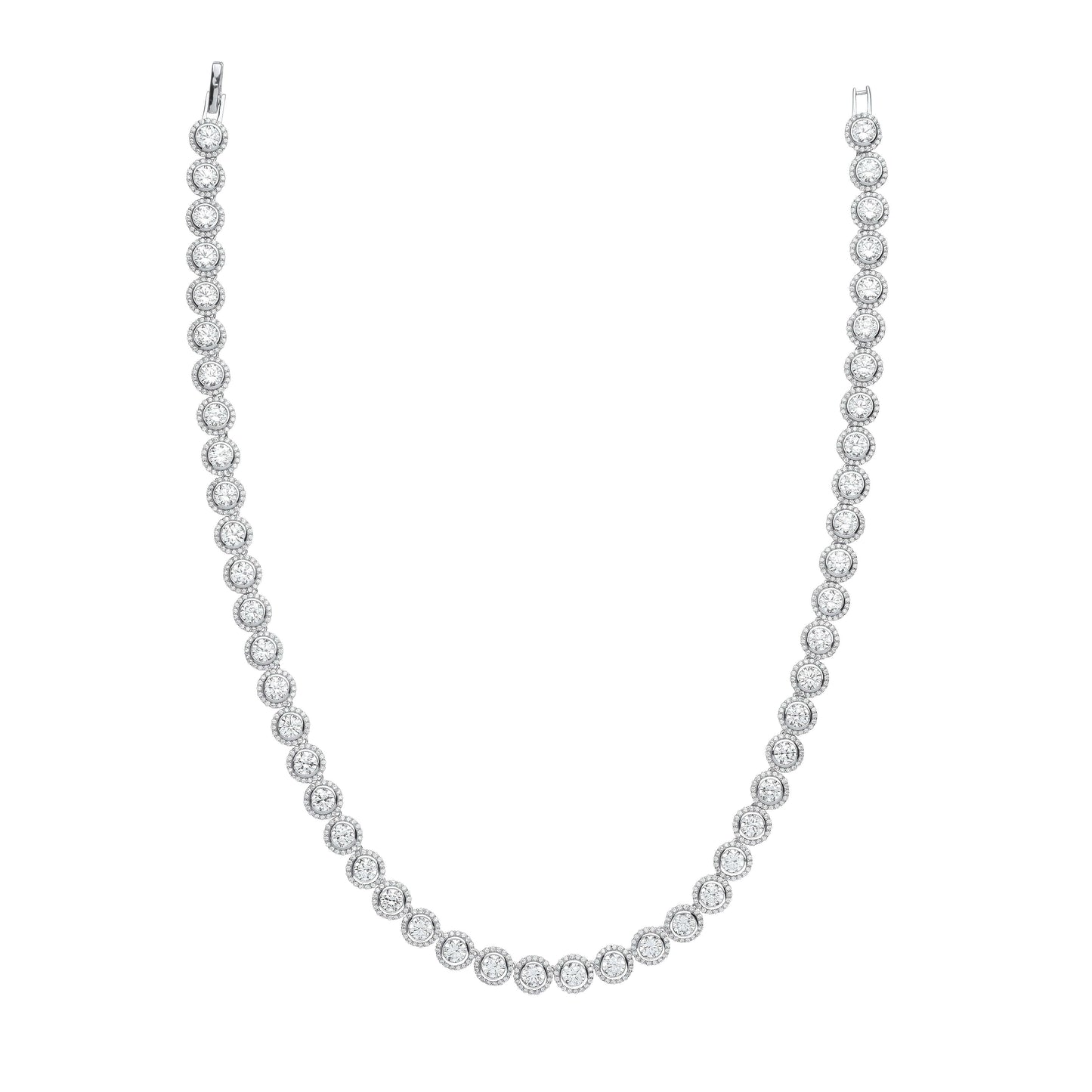 Silver Halo Style Tennis Collarette with cubic zirconia stones on sterling silver chain, 17 inch elegant necklace.