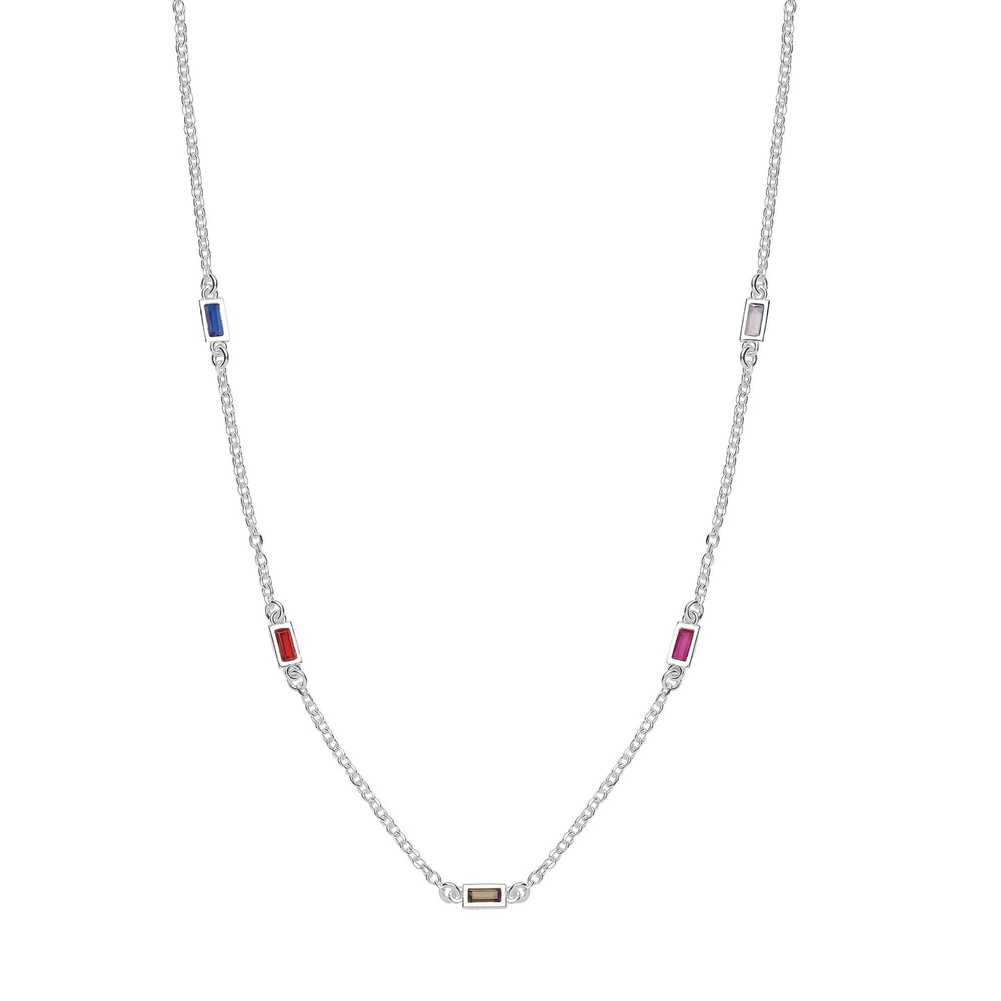 Silver Five Colour CZ Necklace with baguette cut cubic zirconia stones in sterling silver, 16-inch chain.