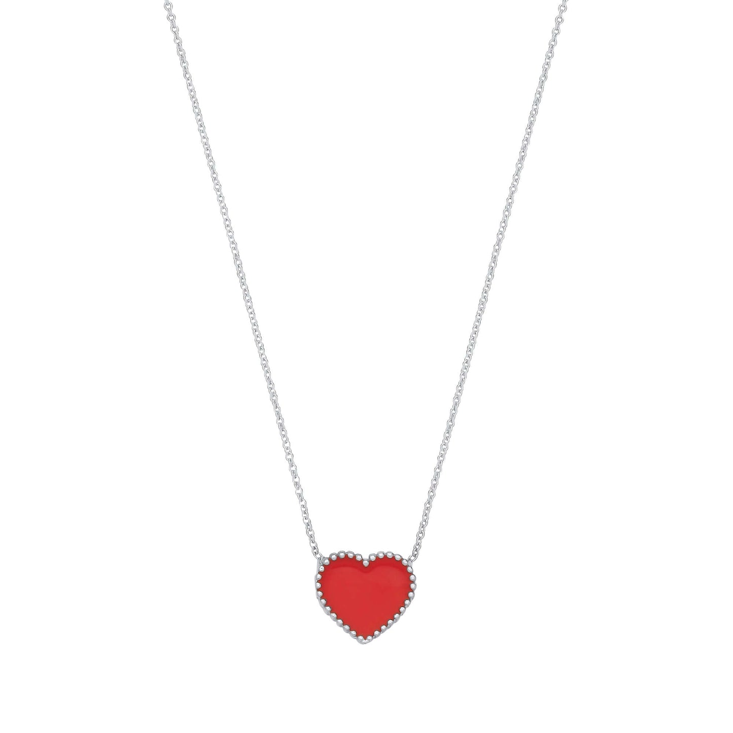 Silver Red Enamel Heart Pendant on Chain with 16-inch silver necklace, detailed red heart design, perfect for elegant jewelry wear.