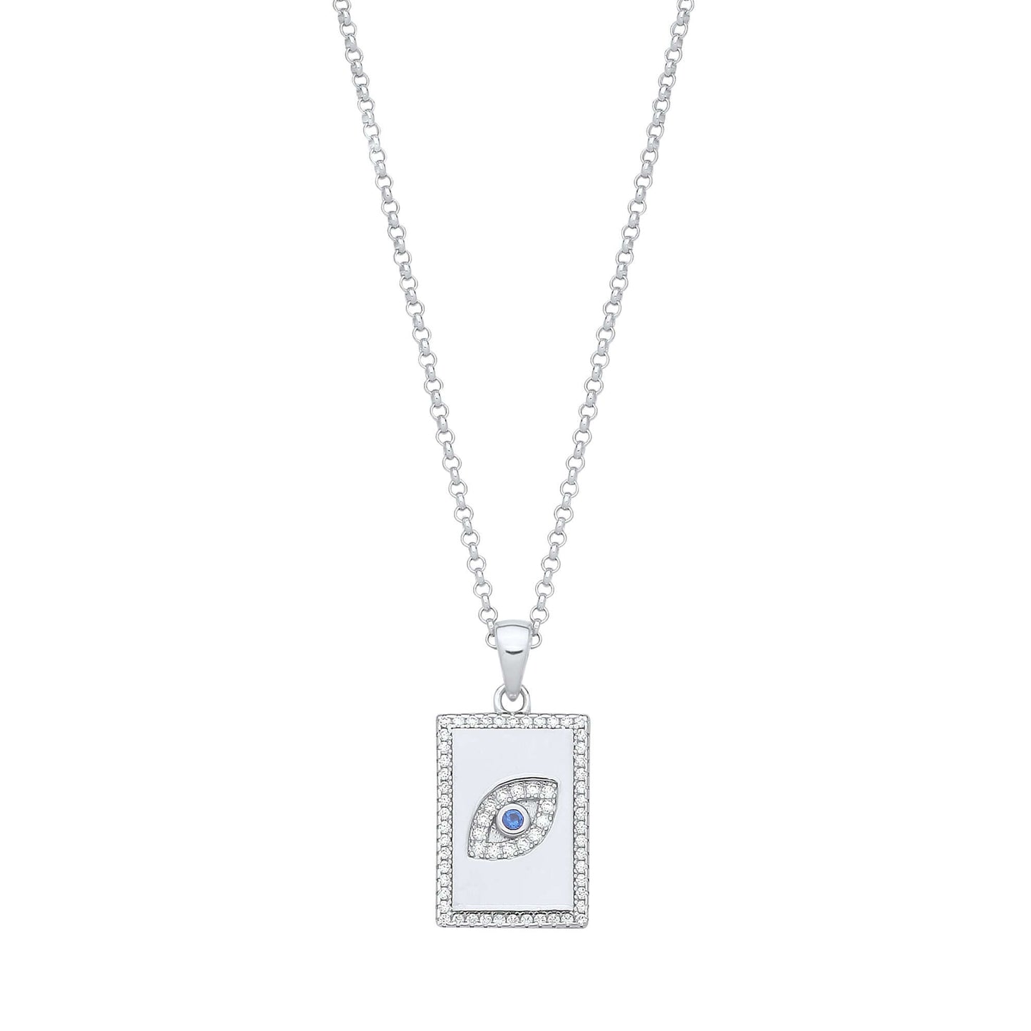 Silver Dog Tag Evil Eye Pendant on Chain with cubic zirconia stones on a sterling silver chain, elegant jewelry piece