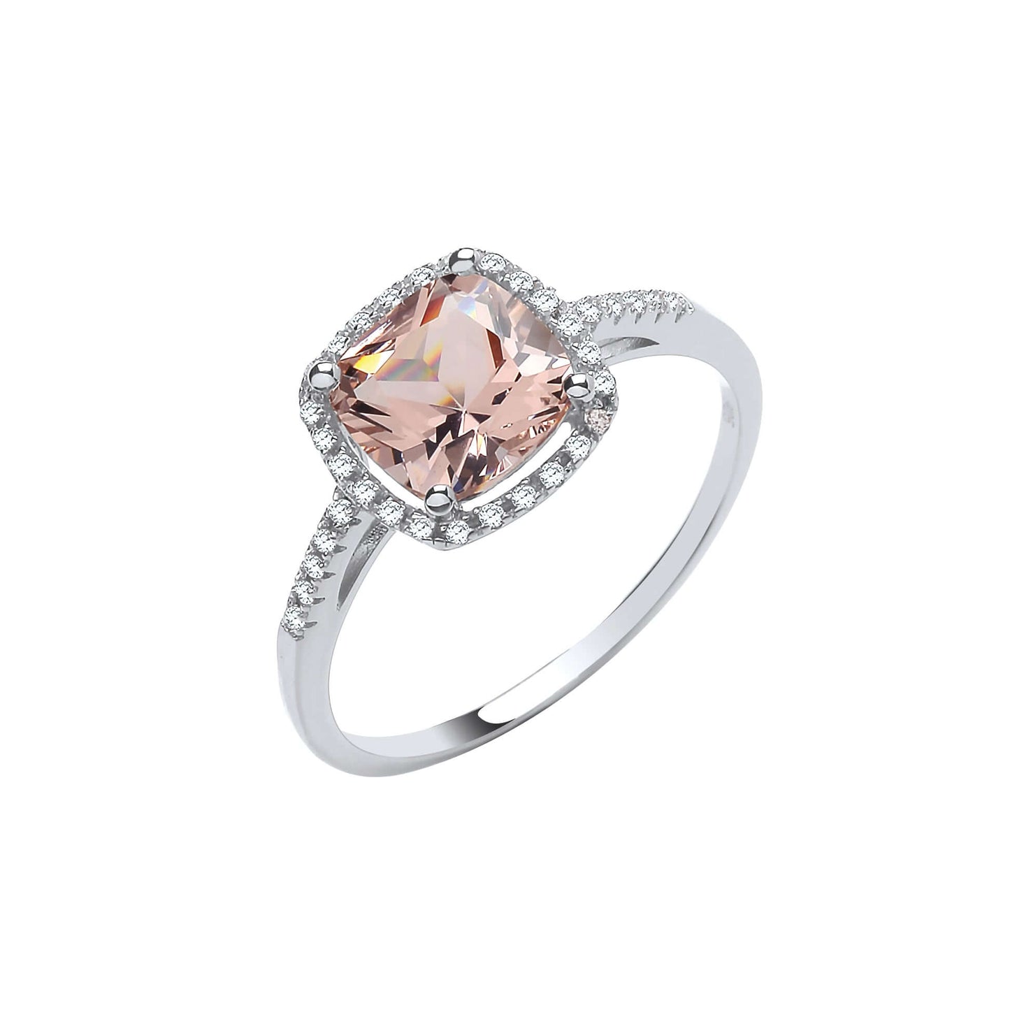 Silver Morganite Ring with cushion cut morganite center stone and cubic zirconia halo
