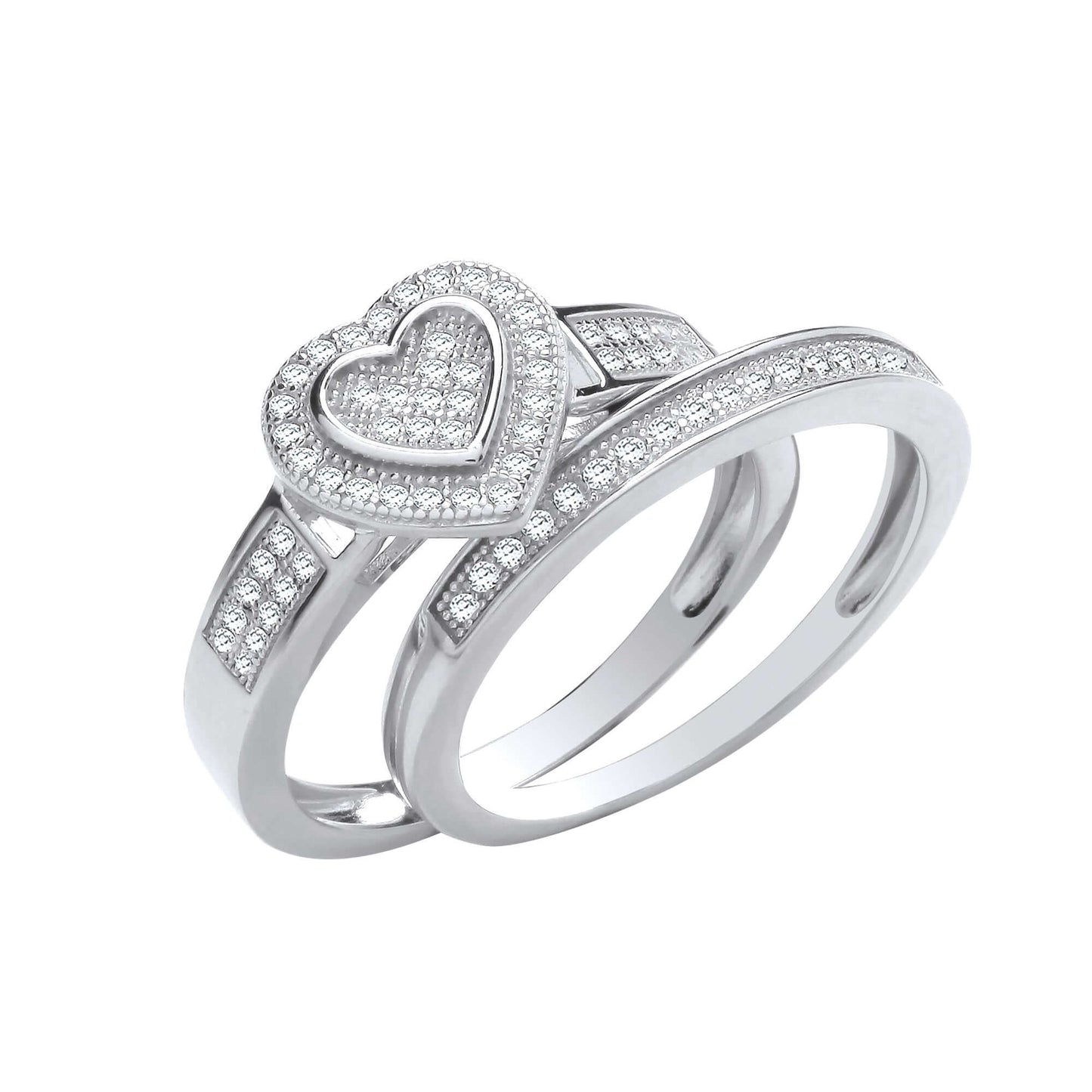 Silver Heart Bridal Set with cubic zirconia engagement and wedding rings featuring sparkling hearts and elegant design.