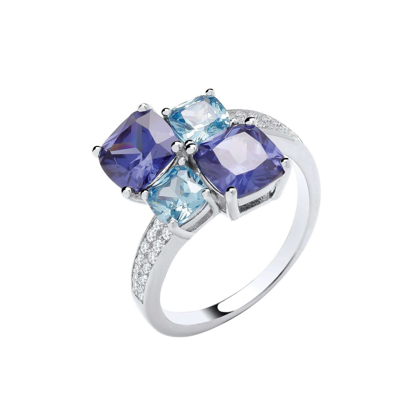 Silver Blue Crossover Ring with sterling silver and blue cubic zirconia stones, elegant jewelry piece, fashion accessory