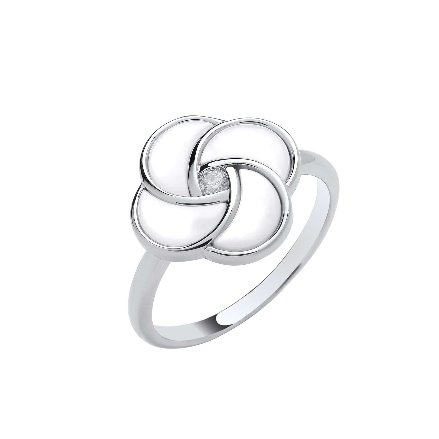 Silver White Shell Swirl Ring with central cubic zirconia stone in solid silver