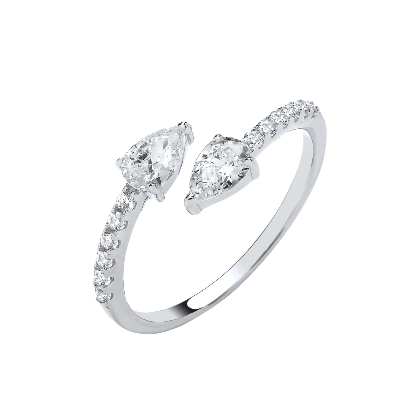Silver Cross-Over Pear Shape CZs Ring with cubic zirconia stones set on a silver band.