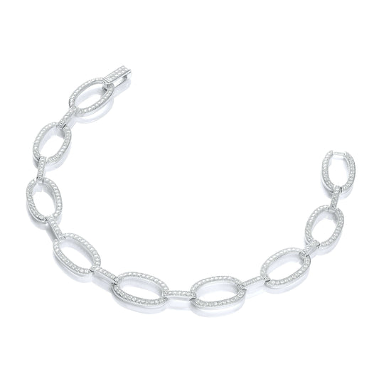 Ovel Link Cz Bracelet featuring solid silver oval links with cubic zirconia stones, elegant jewelry design.