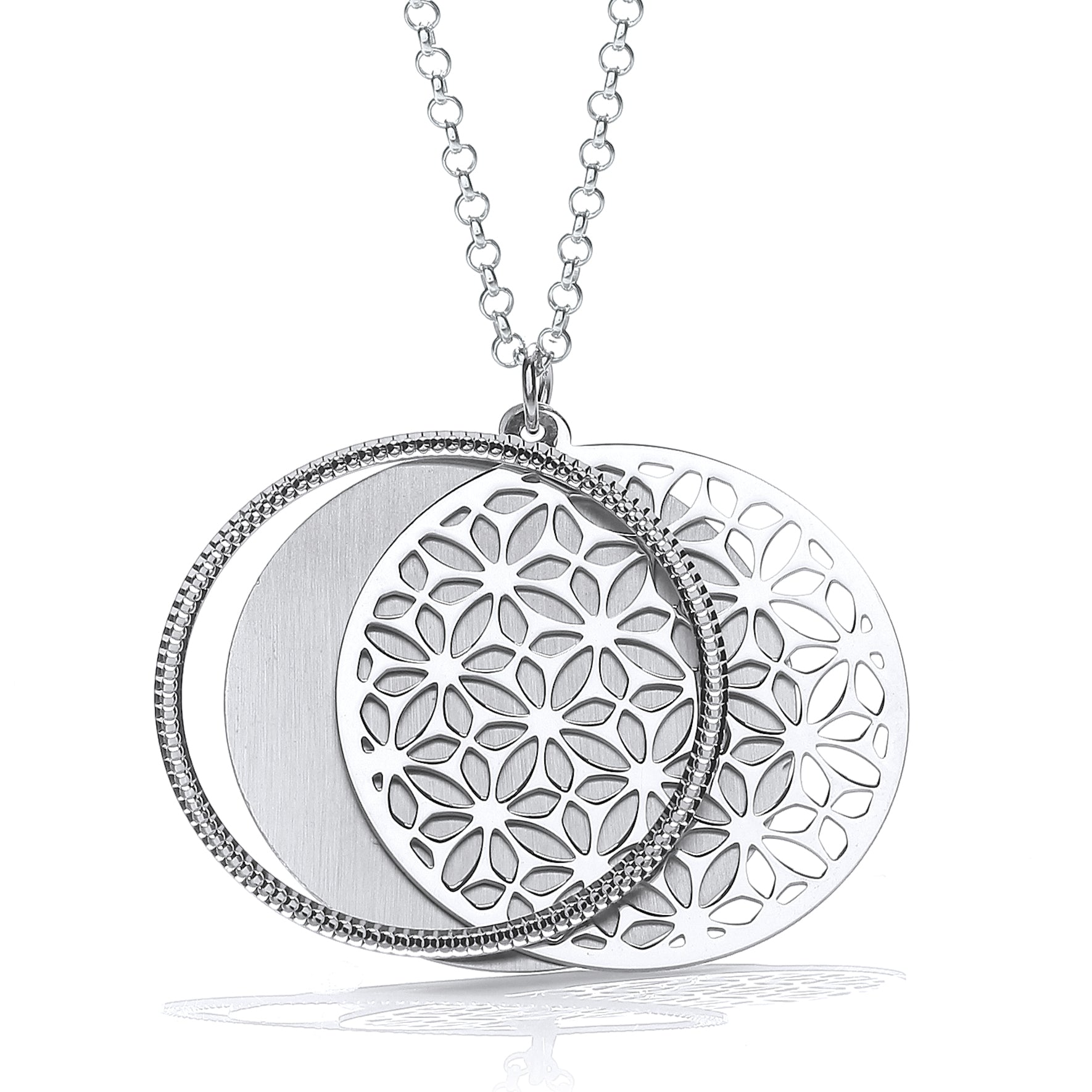 Detailed Silver Circles Necklace with filigree swirls and adjustable slider, perfect for layering or wearing solo.
