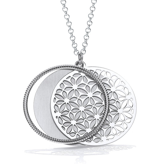 Detailed Silver Circles Necklace with filigree swirls and adjustable slider, perfect for layering or wearing solo.