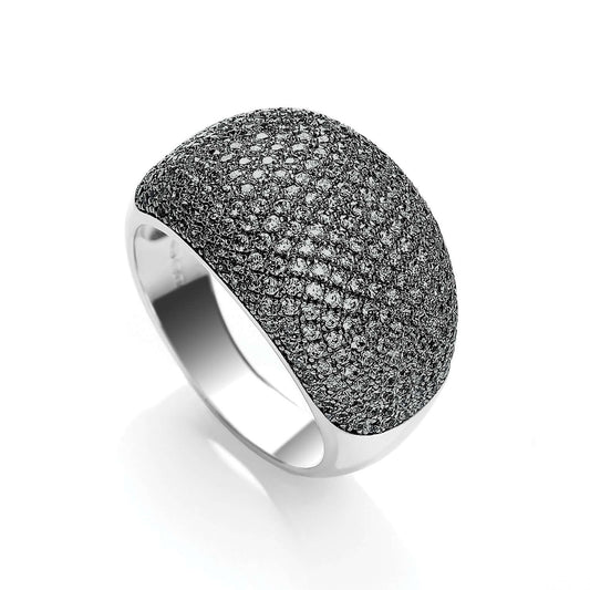 Silver Micro Pave Cocktail Ring with 283 black cubic zirconia stones, elegant and sparkling design for a glamorous look.