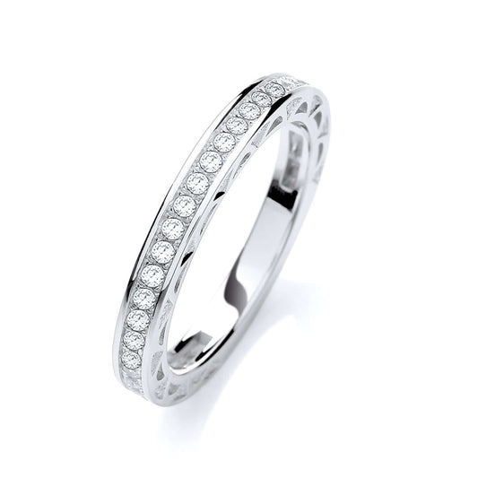 Silver Micro Pave Eternity Ring with cubic zirconia stones, 3/4 pave set, elegant design, perfect for special occasions.