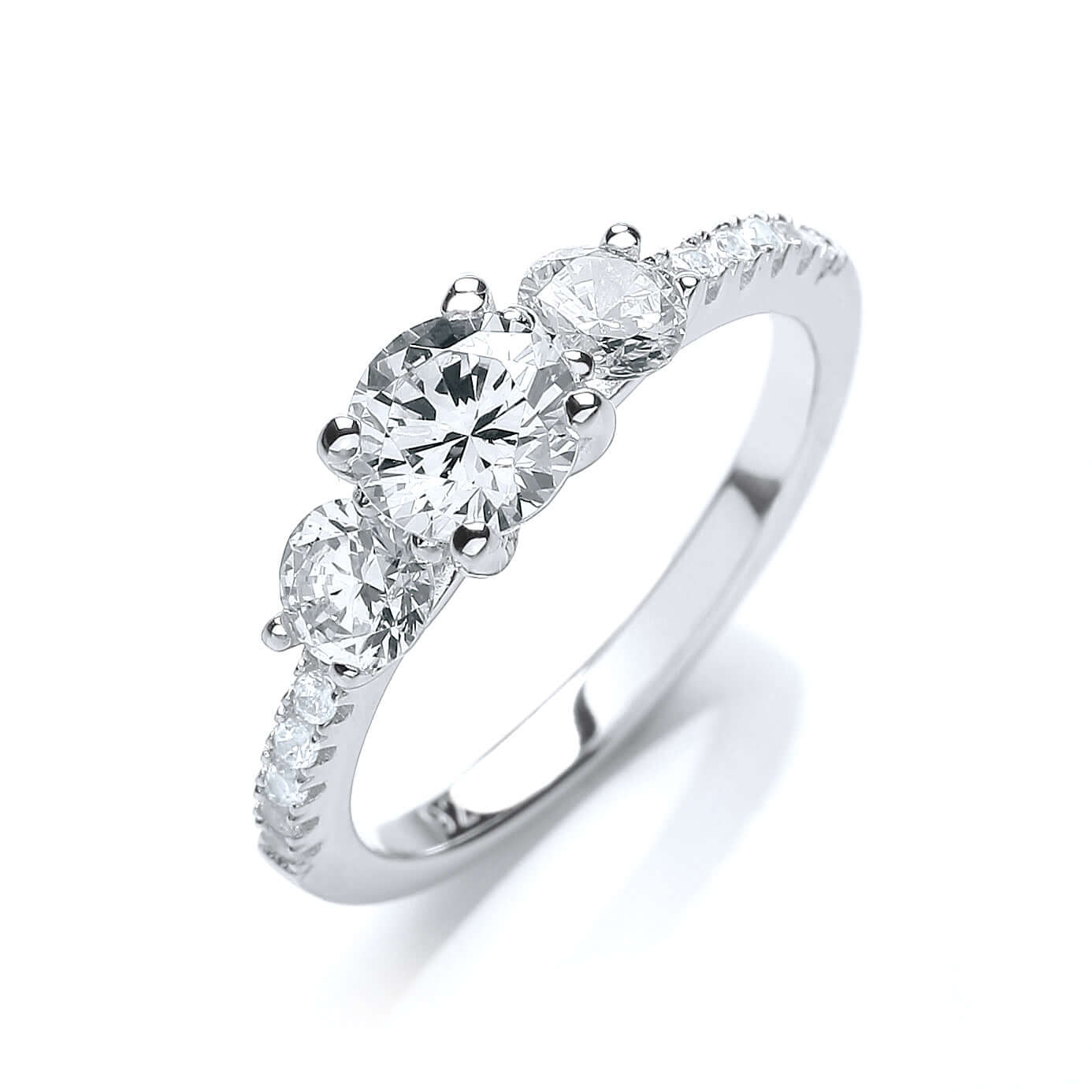 Trilogy Engagement Ring with three brilliant cut cubic zirconia stones and stone set shoulders representing past, present and future.