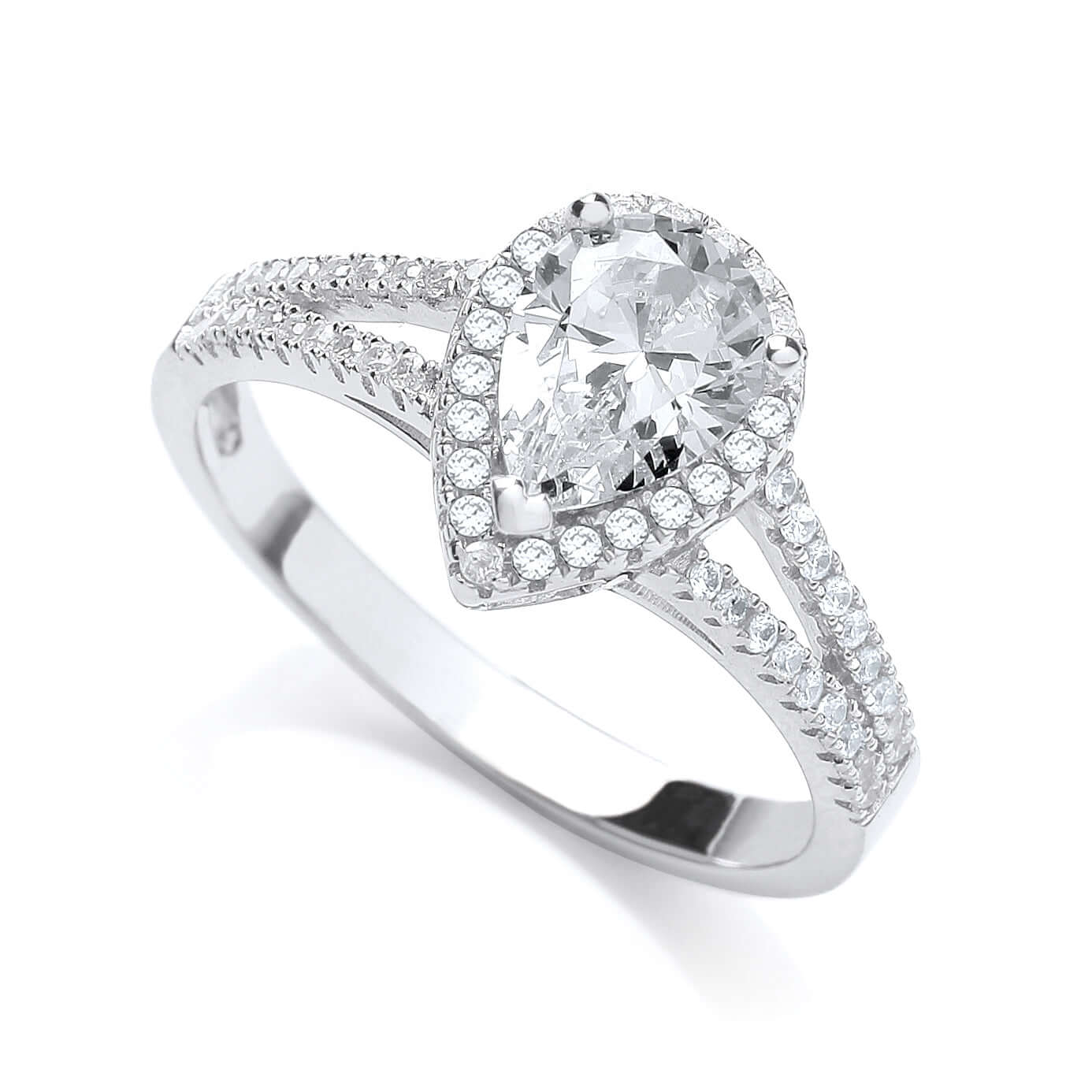 Silver Cz Engagement Ring with pear-shaped cubic zirconia and pave band