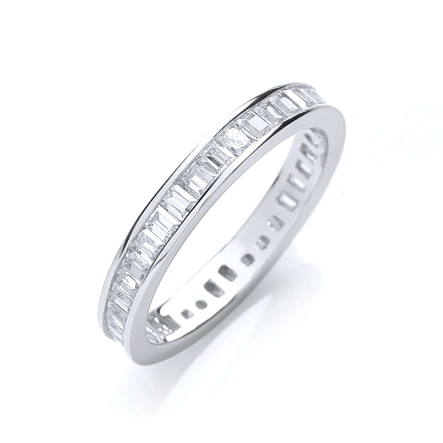 Silver Eternity Ring set with Cz Baguettes featuring baguette cut cubic zirconia stones