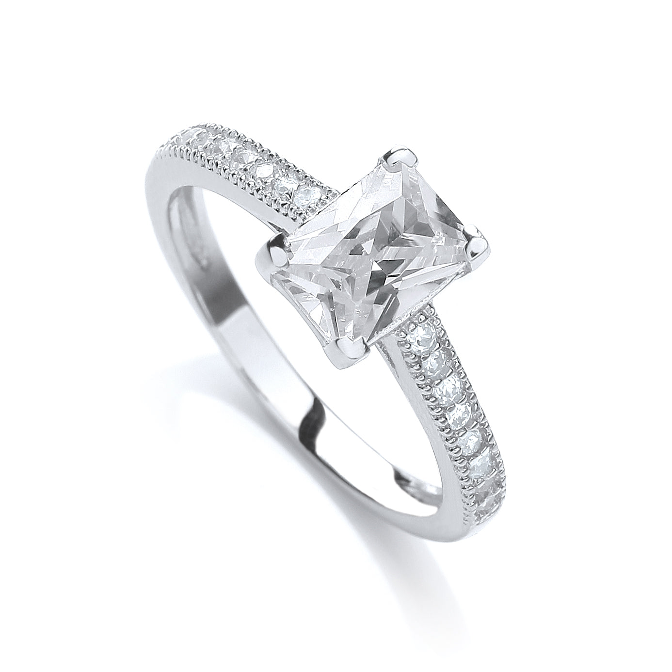 Emerald cut silver engagement ring with dazzling cubic zirconia on a fine sterling silver band.