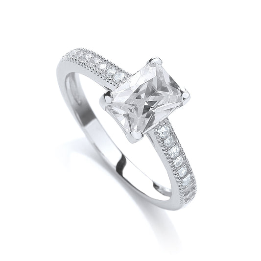 Emerald cut silver engagement ring with dazzling cubic zirconia on a fine sterling silver band.