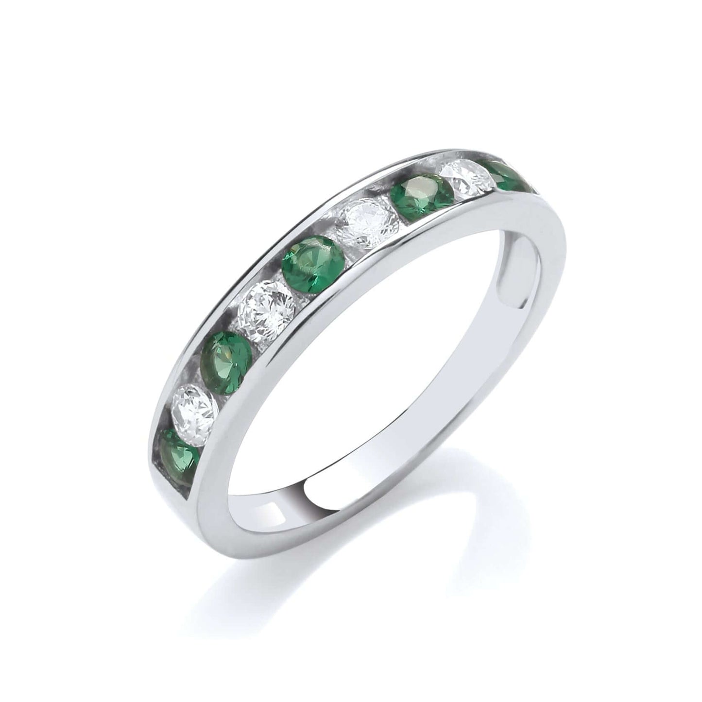 Solid Silver CZ Emerald Green Eternity Ring with clear and emerald green cubic zirconia stones.
