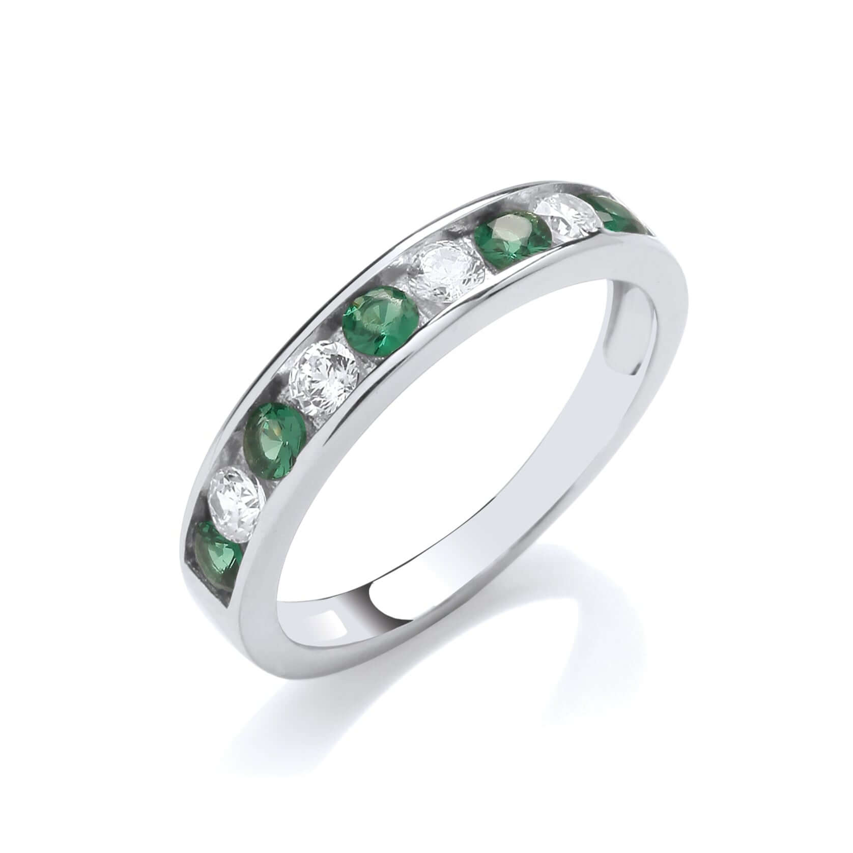 Solid Silver CZ Emerald Green Eternity Ring with clear and emerald green cubic zirconia stones.