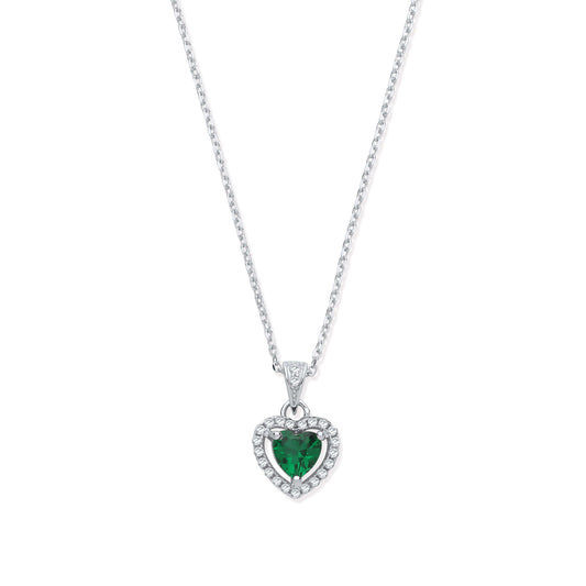 Silver Green CZ Halo Heart Pendant Necklace with emerald green center stone and cubic zirconia halo on 18 inch silver chain.