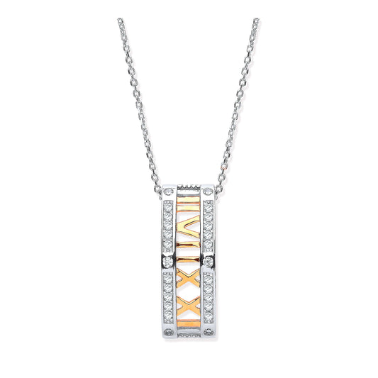 Silver Roman Numeral Drop Pendant Necklace with cubic zirconia on 18 inch silver chain, pendant size 8.0 x 22.6mm.