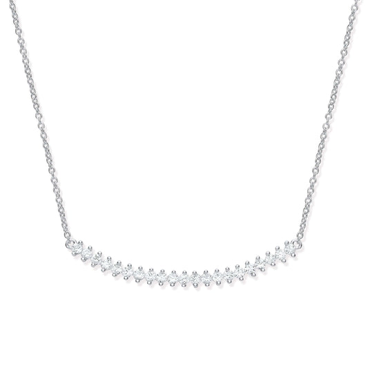 Silver Chic Curved Bar CZ 17" Necklace with cubic zirconia stones on a 17-inch silver chain, featuring curved design and elegant sparkle.