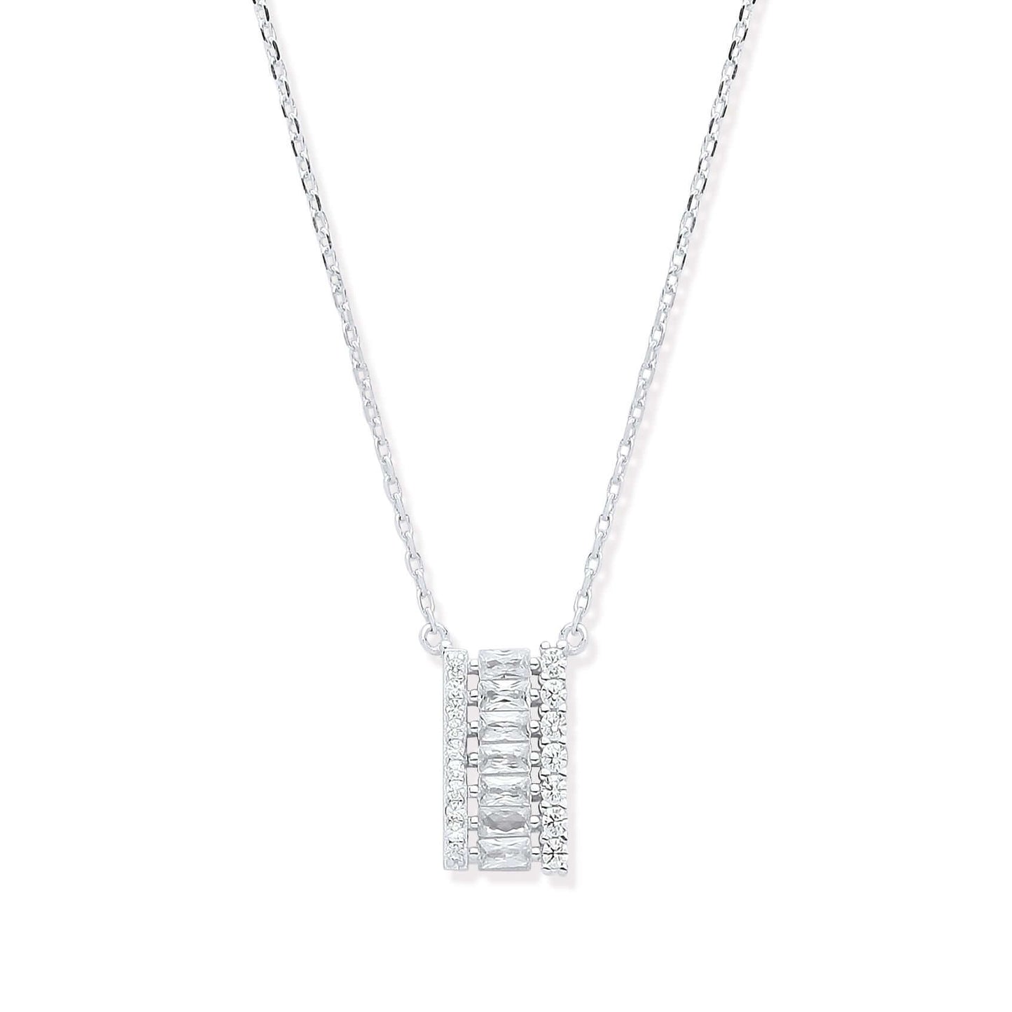 Silver Asymmetric CZ Pendant Necklace with cubic zirconia stones on sterling silver chain, 16 inch, pendant size 12.2mm x 7.2mm x 2.2mm