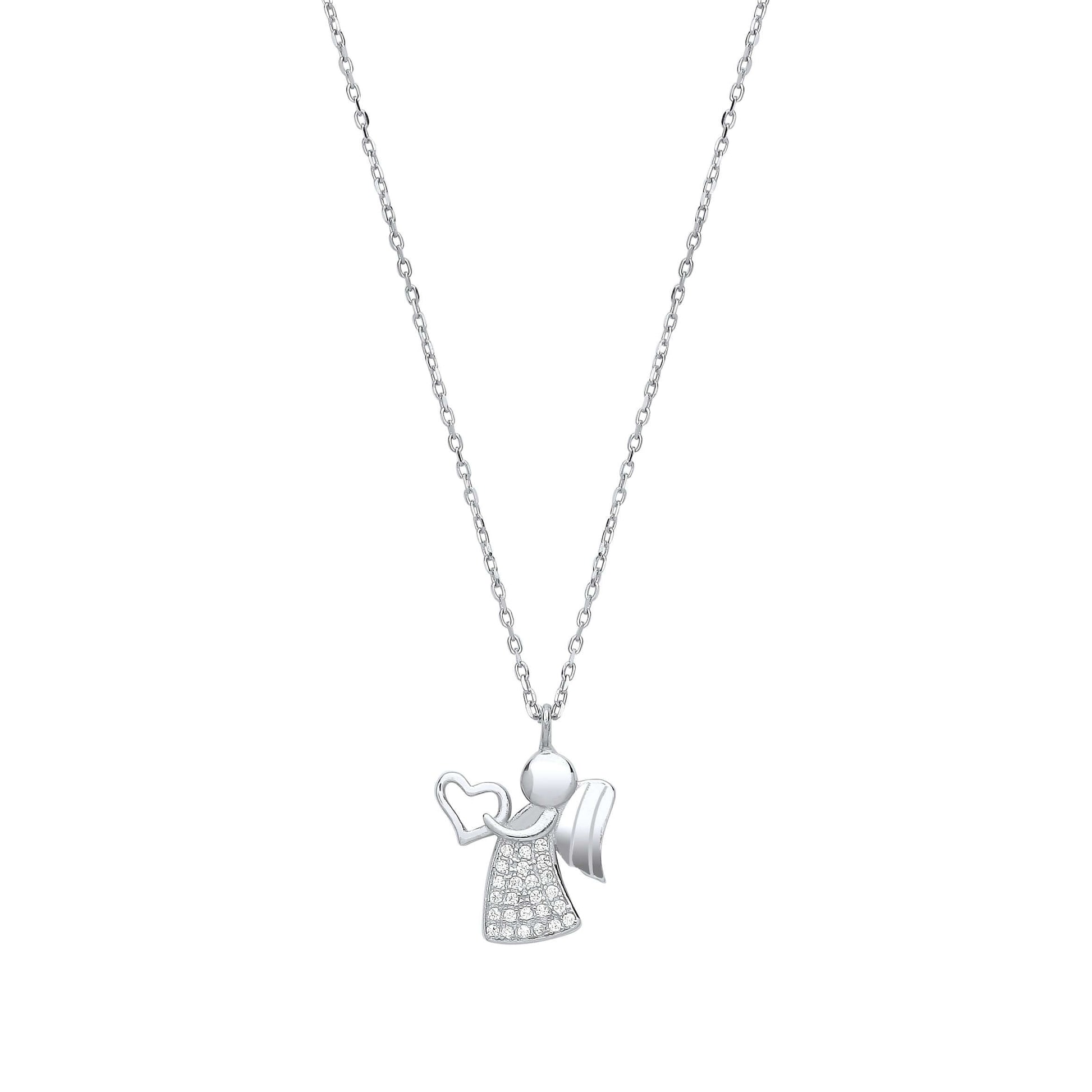 Silver Angel with Heart Pendant Necklace featuring cubic zirconia stones on 16 inch silver chain.