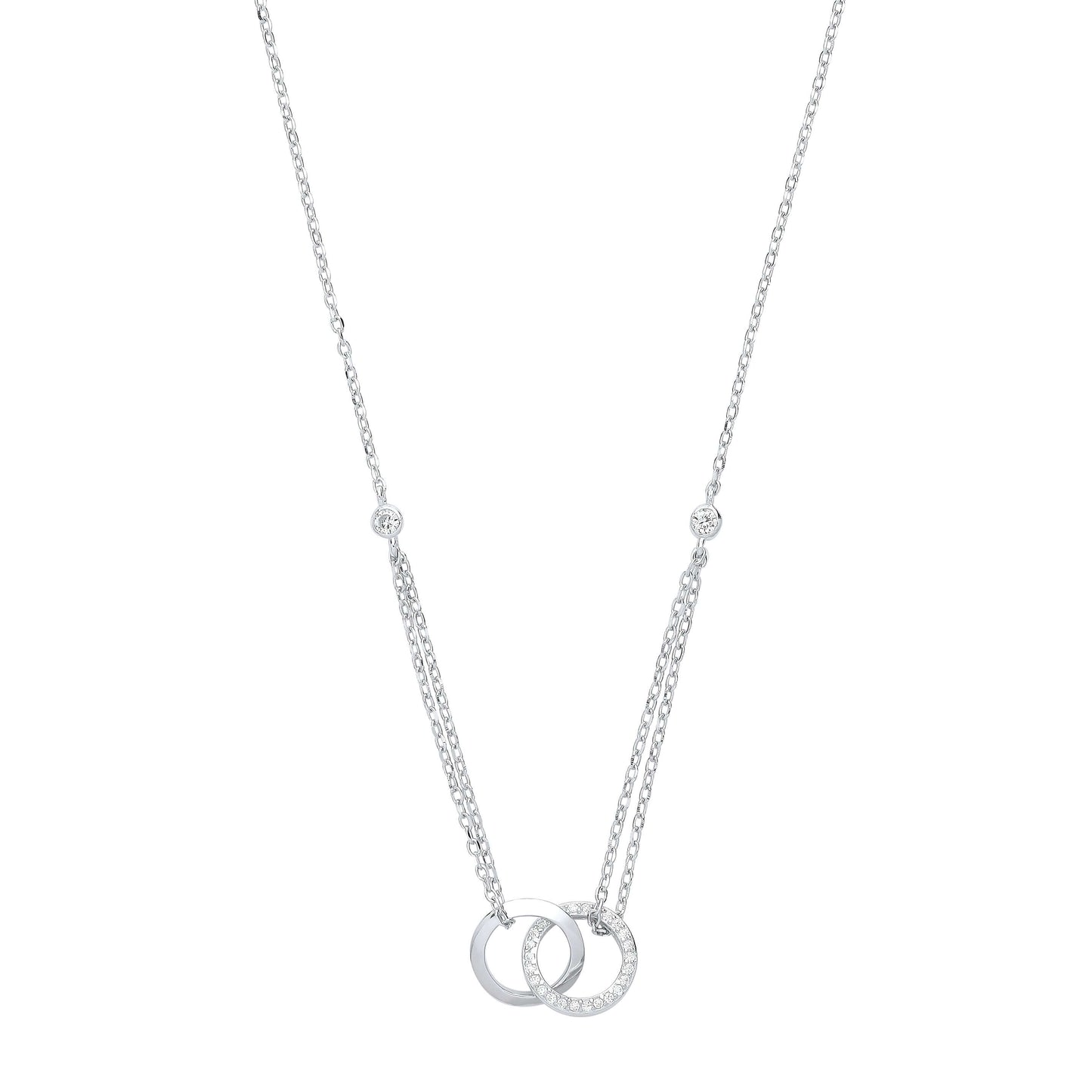 Silver Circles of Life Necklace with cubic zirconia stones on a 16 inch chain, elegant and shimmering.