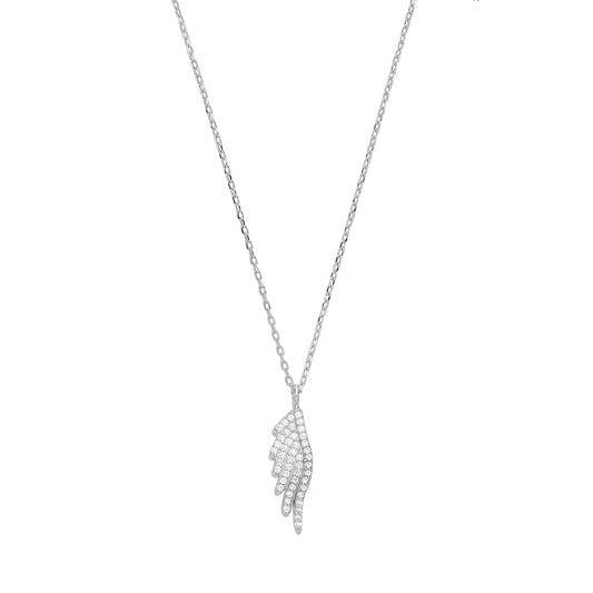 Silver Angel Wing Necklace with cubic zirconia stones on a silver chain, featuring a 6.5 x 20.0mm angel wing pendant.