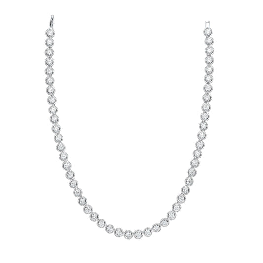 Silver Halo Style Tennis Collarette with cubic zirconia stones on sterling silver chain, 17 inch elegant necklace.
