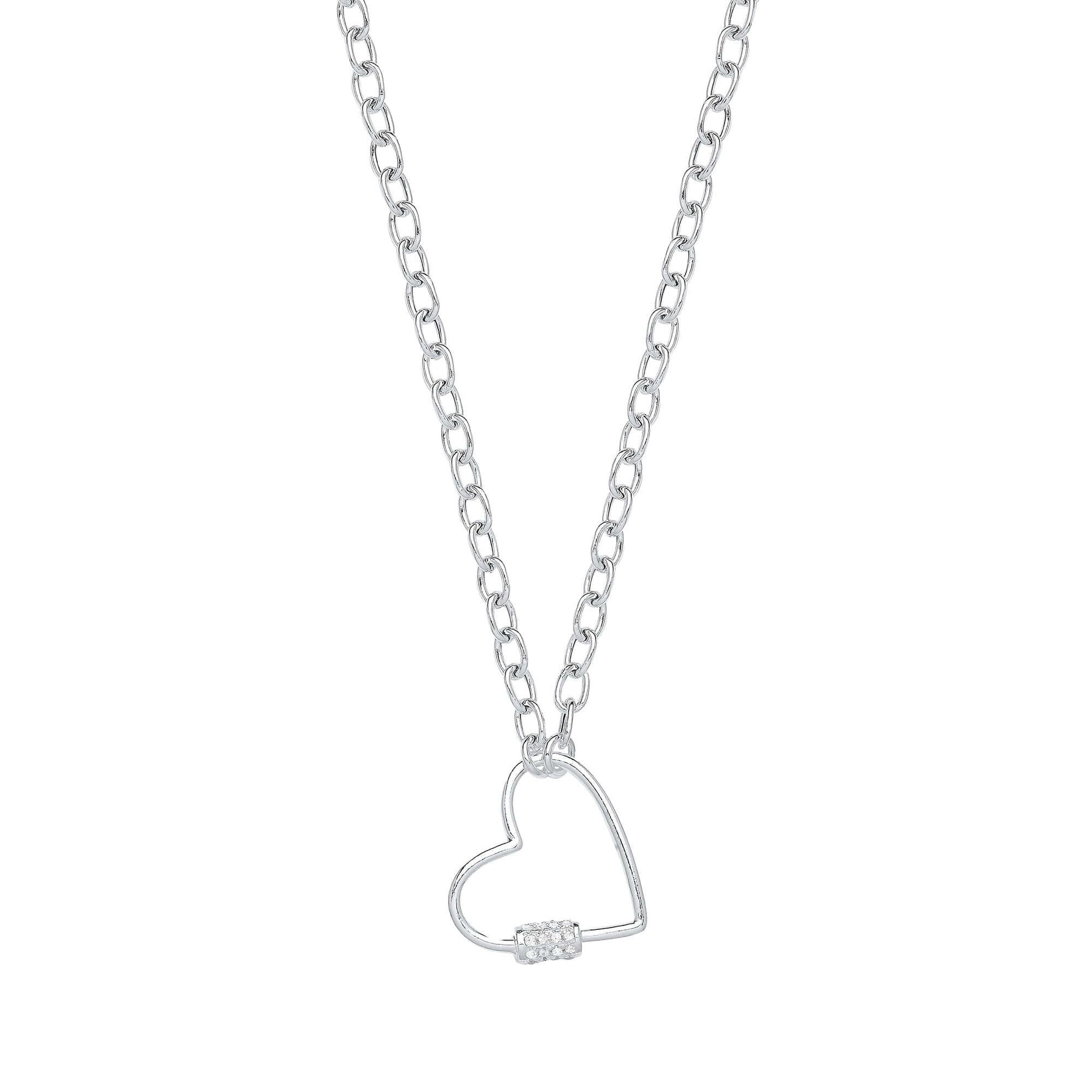 Silver Oval Link Heart Chain Necklace with cubic zirconia heart charm on an 18 inch premium silver chain.