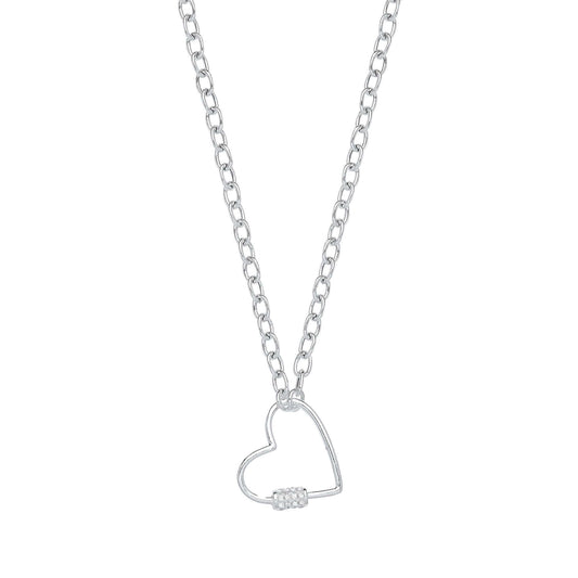 Silver Oval Link Heart Chain Necklace with cubic zirconia heart charm on an 18 inch premium silver chain.