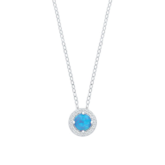 Silver Blue Opal Round Pendant with Chain featuring cubic zirconia halo on an 18 inch silver chain