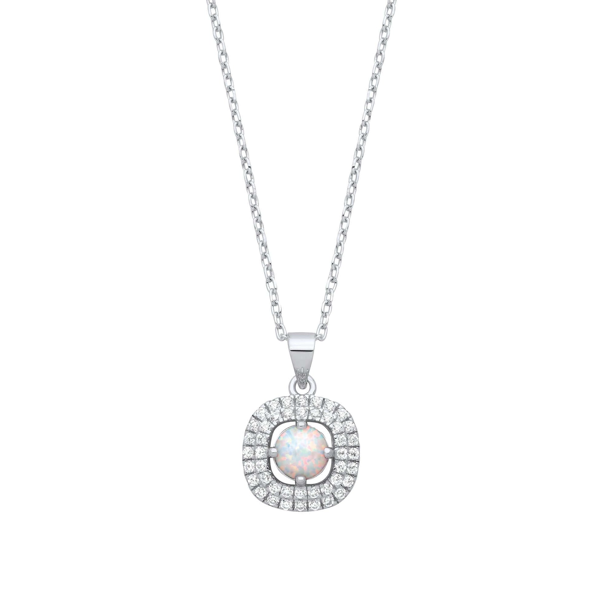 Silver Opal Halo Style Pendant with Chain featuring opal pendant and cubic zirconia stones on an 18 inch silver necklace.