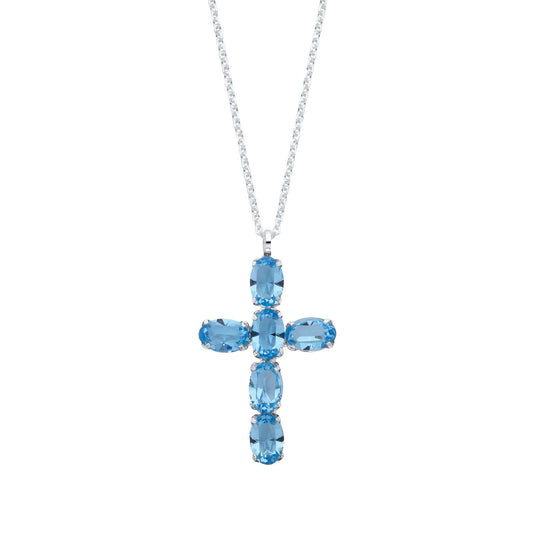 Silver Blue Crystal Cross Pendant on Chain with 16 inch sterling silver necklace featuring a 27.3mm x 16.3mm blue crystal cross.