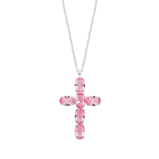 Silver Pink Crystal Cross Pendant on Chain with sterling silver chain featuring pink crystals, 27.4mm x 16.3mm size.