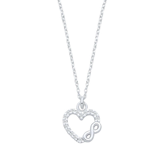 Silver CZ Heart Infinity Pendant Necklace with cubic zirconia stones on a sterling silver chain, elegant jewelry display.