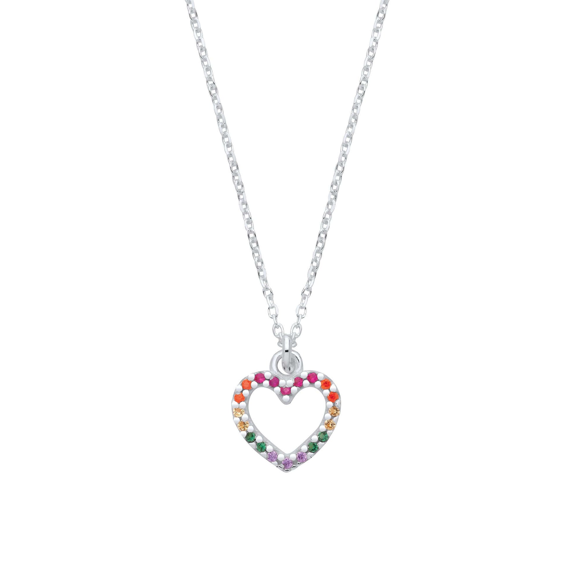 Silver Multi Colour CZ Heart Pendant Necklace with cubic zirconia on a 16-inch chain