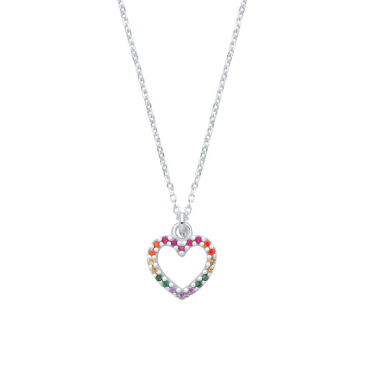 Silver Multi Colour CZ Heart Pendant Necklace with cubic zirconia on a 16-inch chain