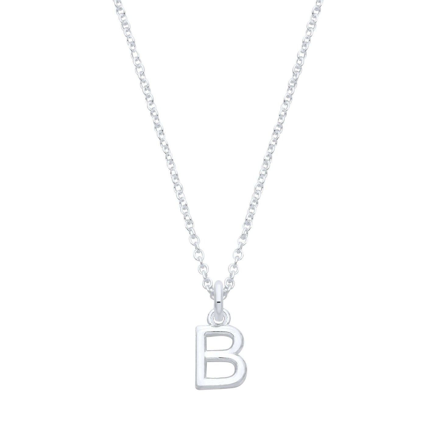 Silver Plain Initial Pendant featuring letter B on a sterling silver chain, 9.5mm x 5mm, perfect for personalized jewelry gifts.