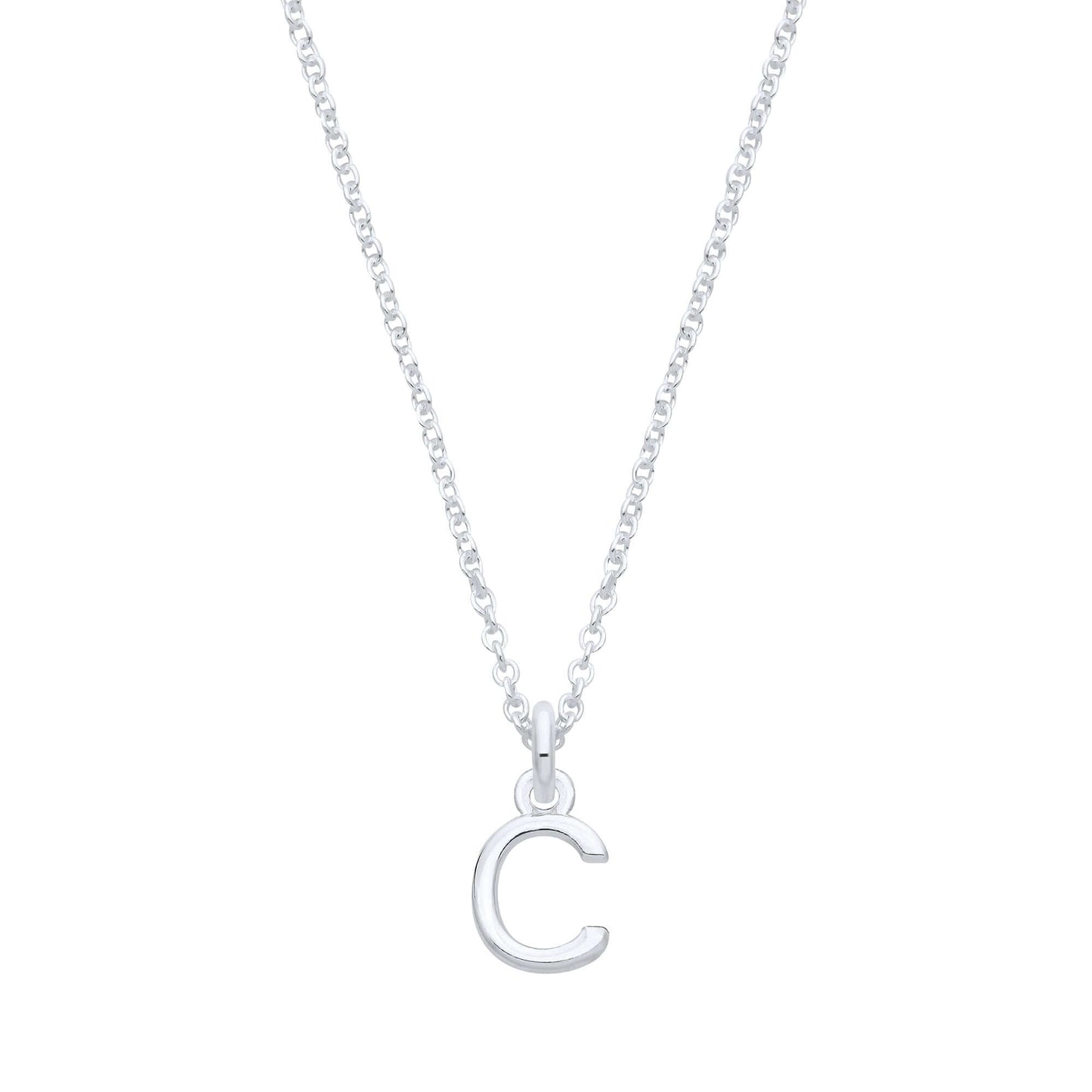 Silver Plain Initial Pendant featuring a sterling silver 'C' pendant on a 16-inch chain.