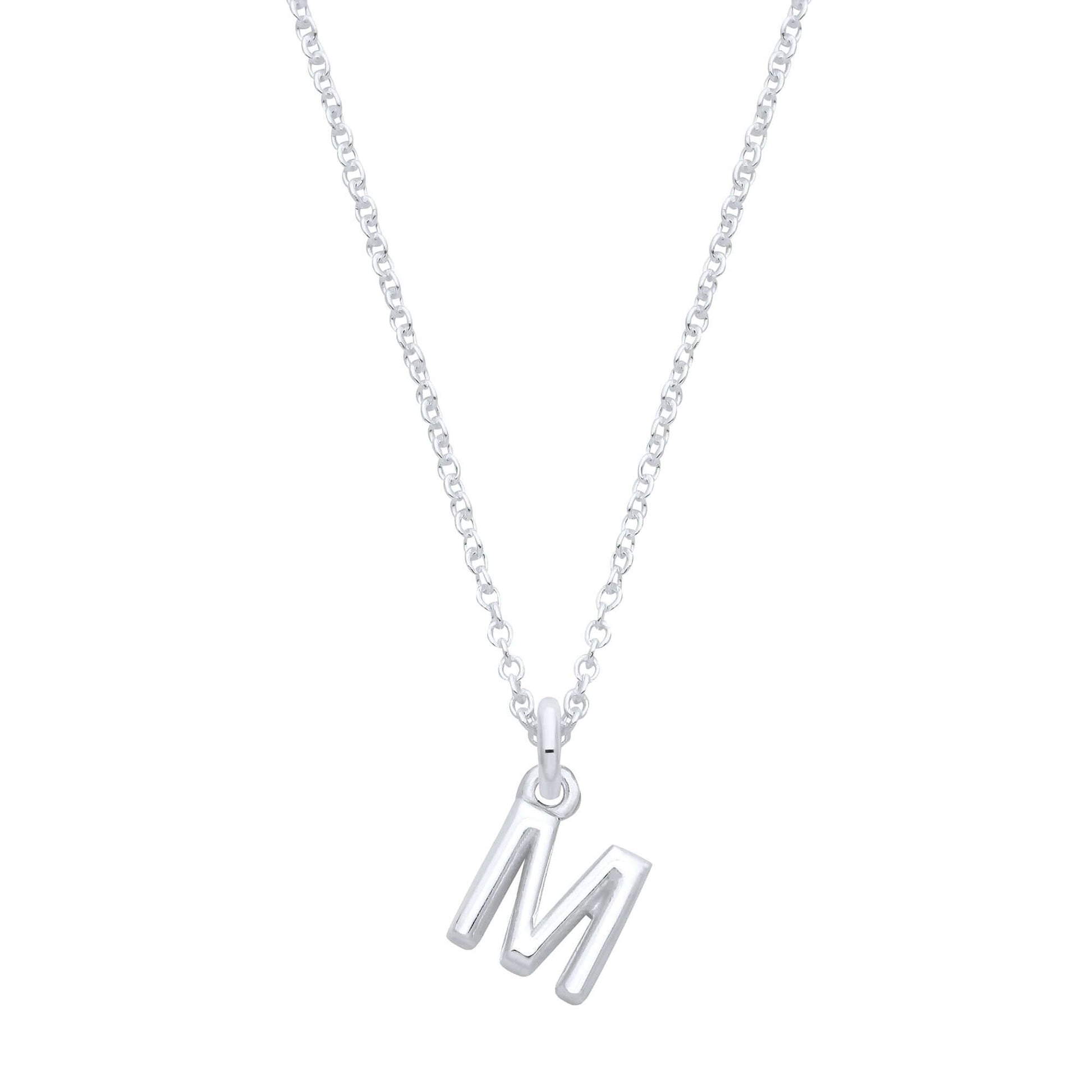 Silver Plain Initial Pendant with the letter 'M' on a 16-inch sterling silver chain.