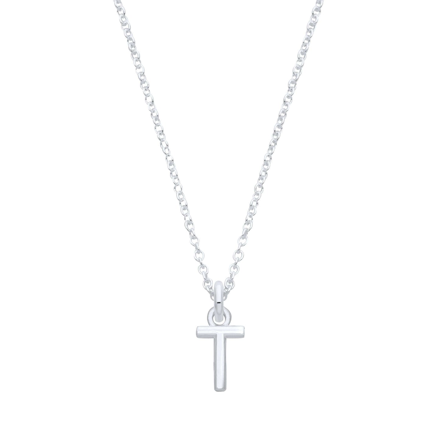 Silver Plain Initial Pendant with a sterling silver chain featuring the letter T, perfect for personalization.