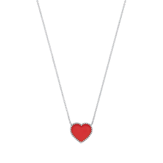 Silver Red Enamel Heart Pendant on Chain with 16-inch silver necklace, detailed red heart design, perfect for elegant jewelry wear.