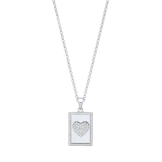 Silver Dog Tag CZ Heart Pendant on Chain with cubic zirconia stones and 16-inch silver chain